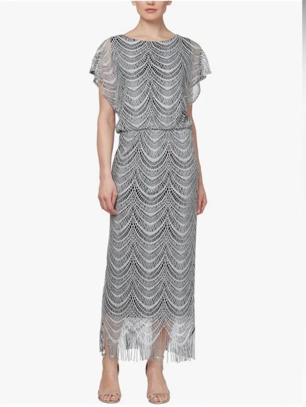Ignite Evenings Silver Fringe Lace Maxi Dress - Women